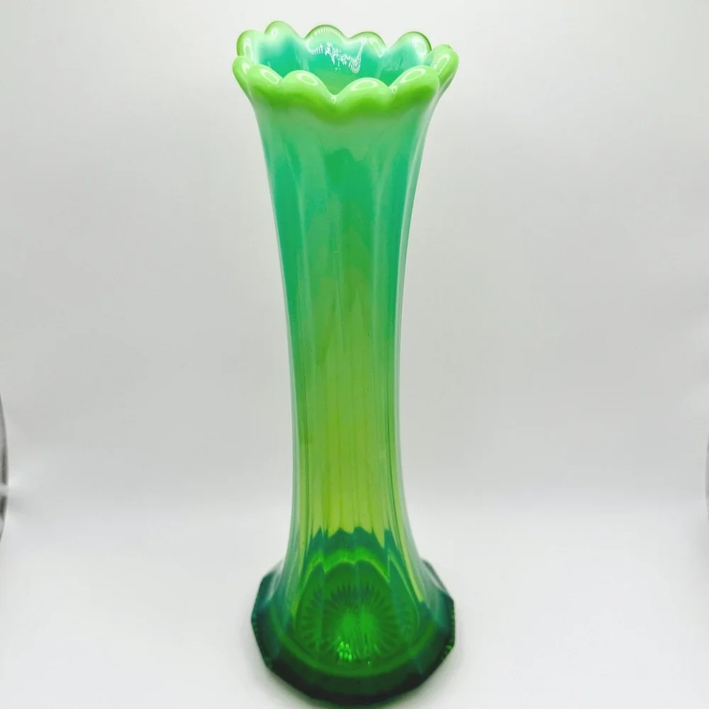 Vintage Green Opalescent Glass Vase 10